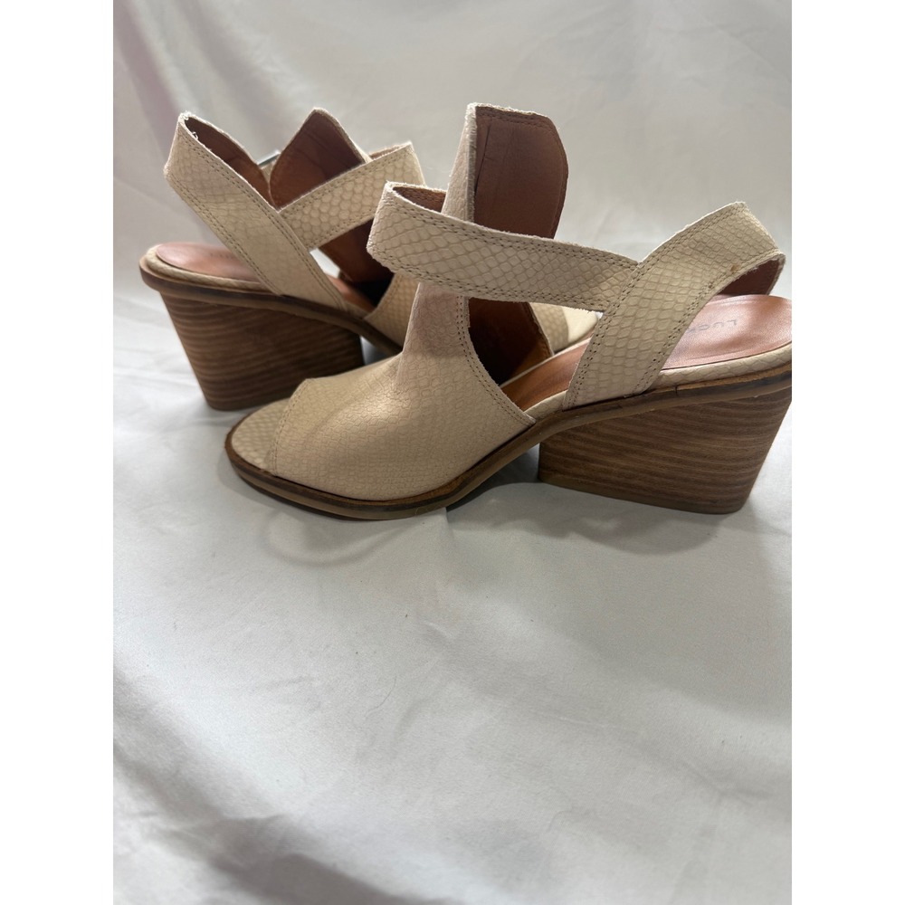 Lucky Brand Beige Slingback Wedge Embossed Leather Block Heel Peep Toe Sandals